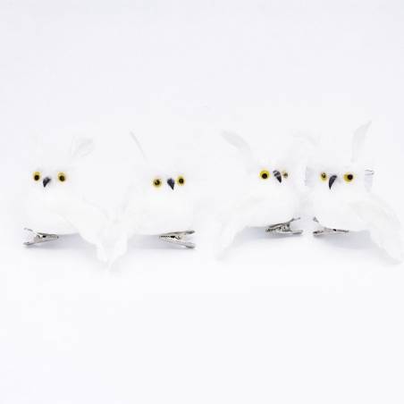 Lot de 4 hiboux fourrure blanche sur clip Lot de 4 hiboux fourrure blanche sur clip