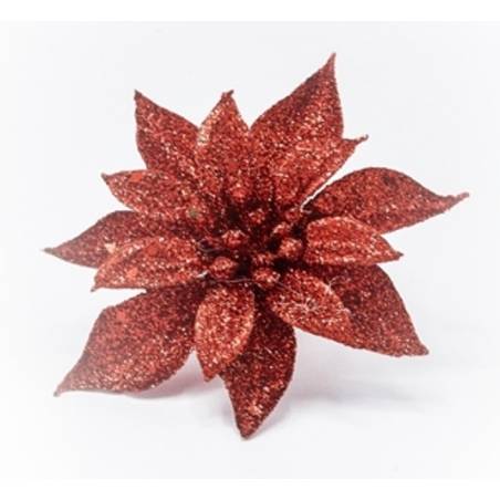 Fleur rouge à paillettes sur clip | SAPINS.BE SRL